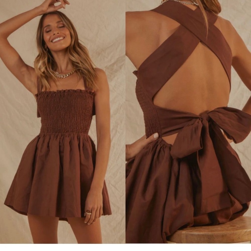 Peppermayo European Towns Linen Mini Dress - Choc Brown - US 4